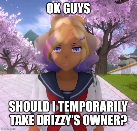 Kashiko Murasaki | OK GUYS; SHOULD I TEMPORARILY TAKE DRIZZY’S OWNER? | image tagged in kashiko murasaki | made w/ Imgflip meme maker