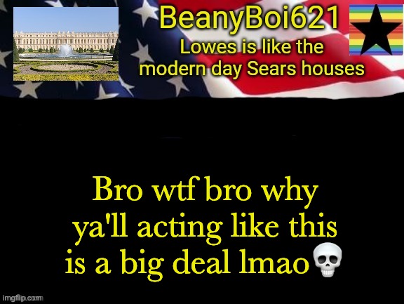 American beany | Bro wtf bro why ya'll acting like this is a big deal lmao💀 | image tagged in american beany | made w/ Imgflip meme maker