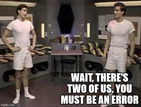 The Two Rimmers | WAIT, THERE'S TWO OF US. YOU MUST BE AN ERROR | image tagged in the two rimmers | made w/ Imgflip meme maker