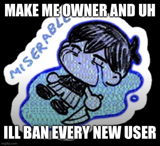 or don't idc | MAKE ME OWNER AND UH; ILL BAN EVERY NEW USER | image tagged in miserable | made w/ Imgflip meme maker