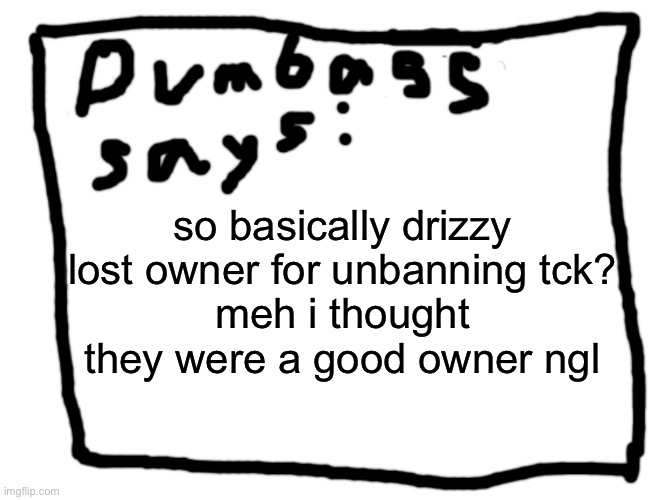 idk | so basically drizzy lost owner for unbanning tck?
meh i thought they were a good owner ngl | image tagged in idk | made w/ Imgflip meme maker