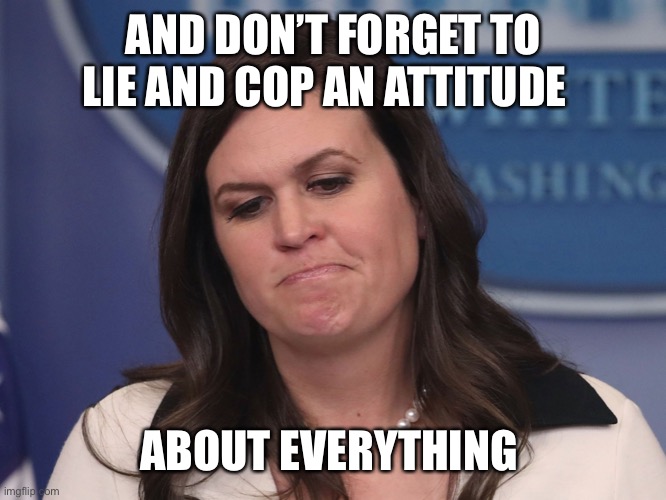 Sarah Huckabee Sanders | AND DON’T FORGET TO LIE AND COP AN ATTITUDE ABOUT EVERYTHING | image tagged in sarah huckabee sanders | made w/ Imgflip meme maker