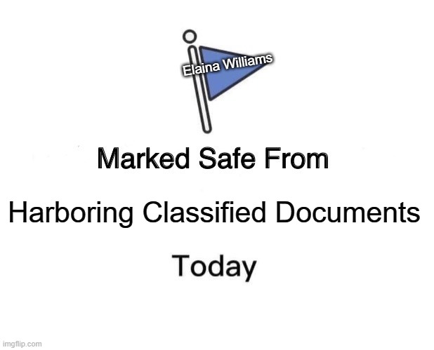 Marked Safe From | Elaina Williams; Harboring Classified Documents | image tagged in memes,marked safe from | made w/ Imgflip meme maker