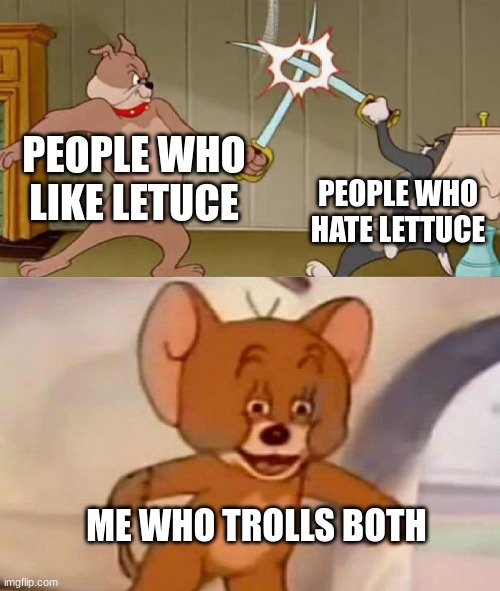 I'll always be a villain | PEOPLE WHO LIKE LETUCE; PEOPLE WHO HATE LETTUCE; ME WHO TROLLS BOTH | image tagged in tom and jerry swordfight | made w/ Imgflip meme maker