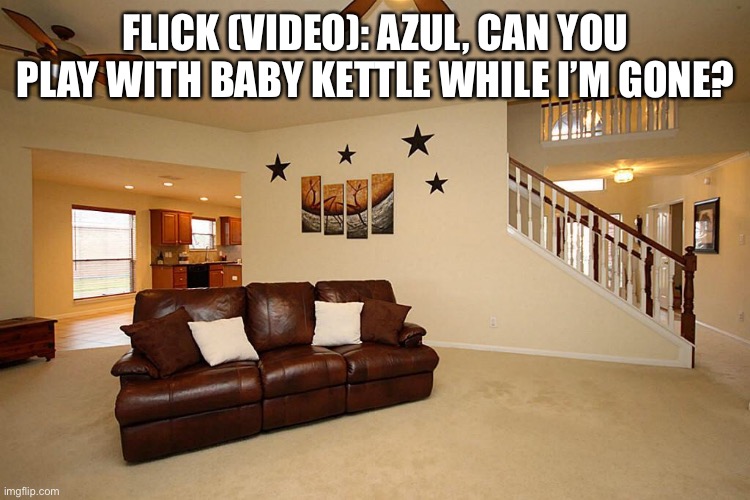 Watching the baby. | FLICK (VIDEO): AZUL, CAN YOU PLAY WITH BABY KETTLE WHILE I’M GONE? | image tagged in living room ceiling fans | made w/ Imgflip meme maker