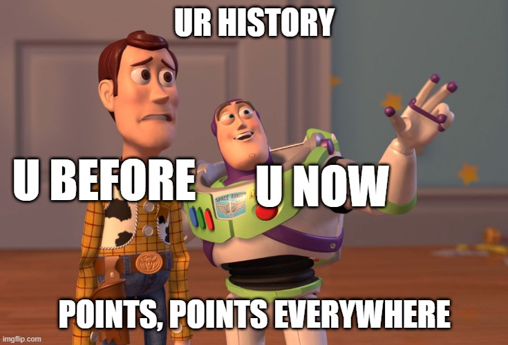 X, X Everywhere Meme | UR HISTORY POINTS, POINTS EVERYWHERE U BEFORE U NOW | image tagged in memes,x x everywhere | made w/ Imgflip meme maker