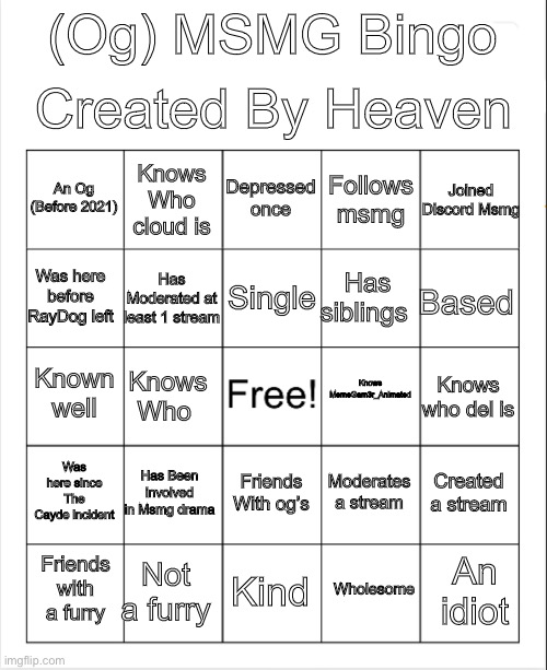 Ran out of ideas, And Plus I’m lazy to do it | Created By Heaven; (Og) MSMG Bingo; Depressed once; Joined Discord Msmg; Knows Who cloud is; An Og (Before 2021); Follows msmg; Has Moderated at least 1 stream; Single; Was here before RayDog left; Based; Has siblings; Knows MemeGam3r_Animated; Known well; Knows who del is; Knows Who; Was here since The Cayde incident; Has Been involved in Msmg drama; Created a stream; Moderates a stream; Friends With og’s; Not a furry; An idiot; Friends with a furry; Kind; Wholesome | image tagged in blank bingo | made w/ Imgflip meme maker