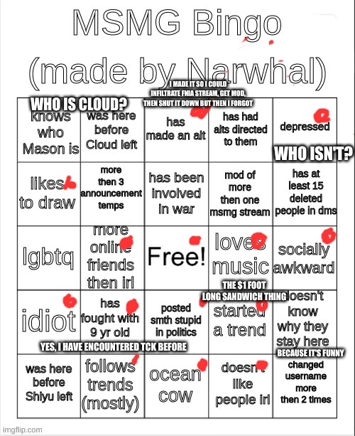 msmg bingo | I MADE IT SO I COULD INFILTRATE FNIA STREAM, GET MOD, THEN SHUT IT DOWN BUT THEN I FORGOT; WHO IS CLOUD? WHO ISN'T? THE $1 FOOT LONG SANDWICH THING; YES, I HAVE ENCOUNTERED TCK BEFORE; BECAUSE IT'S FUNNY | image tagged in msmg bingo | made w/ Imgflip meme maker