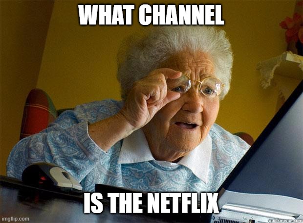 Memes in 2012 | WHAT CHANNEL; IS THE NETFLIX | image tagged in granny internet,netflix | made w/ Imgflip meme maker