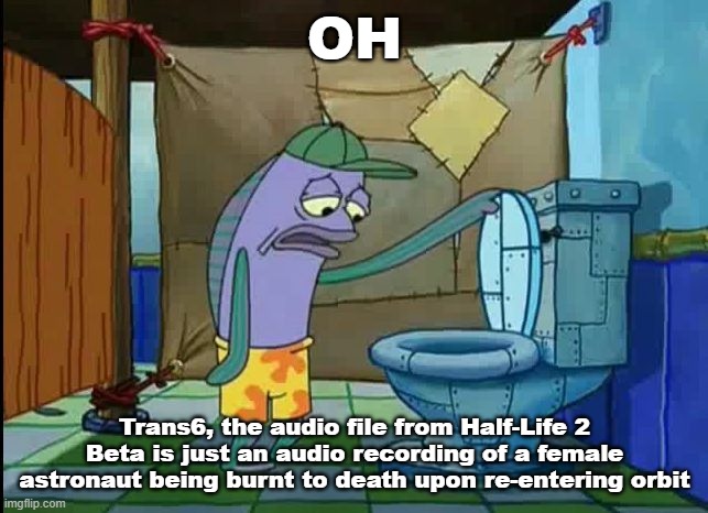 Damn Valve, first a real image of a burnt corpse and now this? No wonder I always felt uneasy playing HL2. | OH; Trans6, the audio file from Half-Life 2 Beta is just an audio recording of a female astronaut being burnt to death upon re-entering orbit | image tagged in oh thats a toilet spongebob fish | made w/ Imgflip meme maker