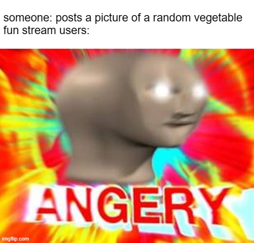 Surreal Angery | someone: posts a picture of a random vegetable
fun stream users: | image tagged in surreal angery | made w/ Imgflip meme maker