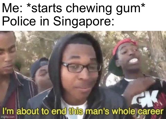 Illegal to chew gum in Singapore | Me: *starts chewing gum*
Police in Singapore: | image tagged in i m about to end this man s whole career | made w/ Imgflip meme maker