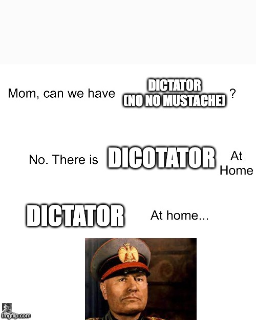 history... | DICTATOR (NO NO MUSTACHE); DICOTATOR; DICTATOR | image tagged in mom can we have,history | made w/ Imgflip meme maker