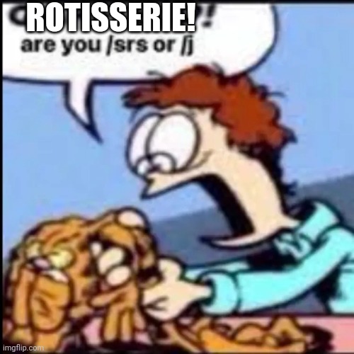 Garfield are you /srs or /j | ROTISSERIE! | image tagged in garfield are you /srs or /j | made w/ Imgflip meme maker