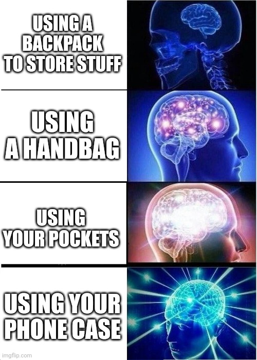 relatable | USING A BACKPACK TO STORE STUFF; USING A HANDBAG; USING YOUR POCKETS; USING YOUR PHONE CASE | image tagged in memes,expanding brain,funny,storage,low effort | made w/ Imgflip meme maker