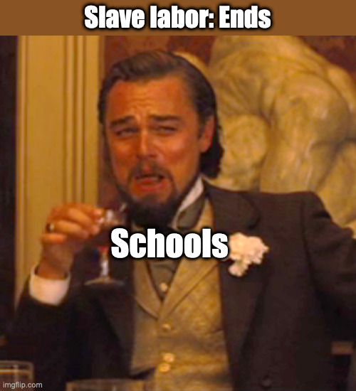 The history teachers lied when they said America had banned slave labor... | Slave labor: Ends; Schools | image tagged in memes,laughing leo,school,funny,true story | made w/ Imgflip meme maker