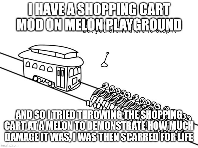 I am never touching that shopping cart again | I HAVE A SHOPPING CART MOD ON MELON PLAYGROUND; AND SO I TRIED THROWING THE SHOPPING CART AT A MELON TO DEMONSTRATE HOW MUCH DAMAGE IT WAS, I WAS THEN SCARRED FOR LIFE | image tagged in trolley problem | made w/ Imgflip meme maker