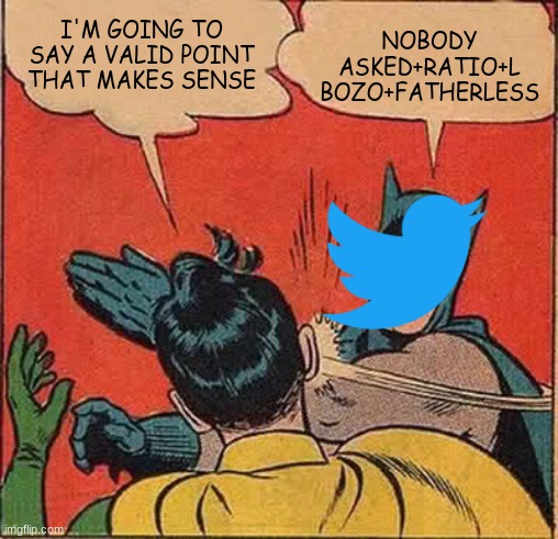 Twitter be like | I'M GOING TO SAY A VALID POINT THAT MAKES SENSE; NOBODY ASKED+RATIO+L BOZO+FATHERLESS | image tagged in memes,batman slapping robin | made w/ Imgflip meme maker