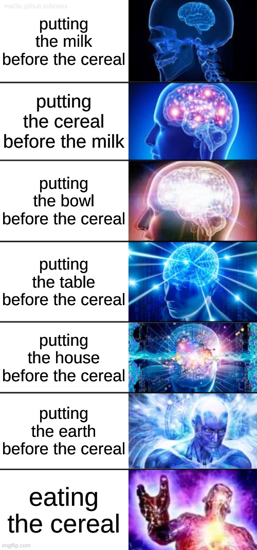 i like to eat shoes | putting the milk before the cereal; putting the cereal before the milk; putting the bowl before the cereal; putting the table before the cereal; putting the house before the cereal; putting the earth before the cereal; eating the cereal | image tagged in 7-tier expanding brain | made w/ Imgflip meme maker