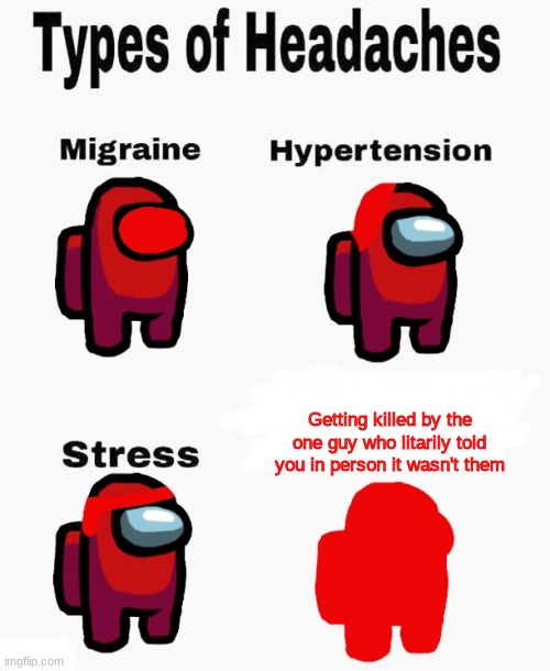 Among us types of headaches | Getting killed by the one guy who litarily told you in person it wasn't them | image tagged in among us types of headaches | made w/ Imgflip meme maker