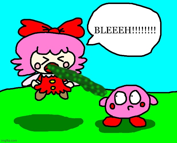 Ribbon vomit on Kirby | image tagged in kirby,vomit,funny,cute,gross,parody | made w/ Imgflip meme maker