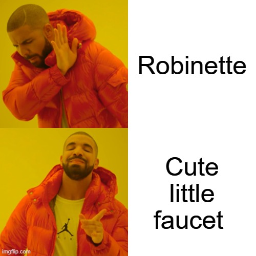 hello | Robinette; Cute little faucet | image tagged in memes,drake hotline bling | made w/ Imgflip meme maker