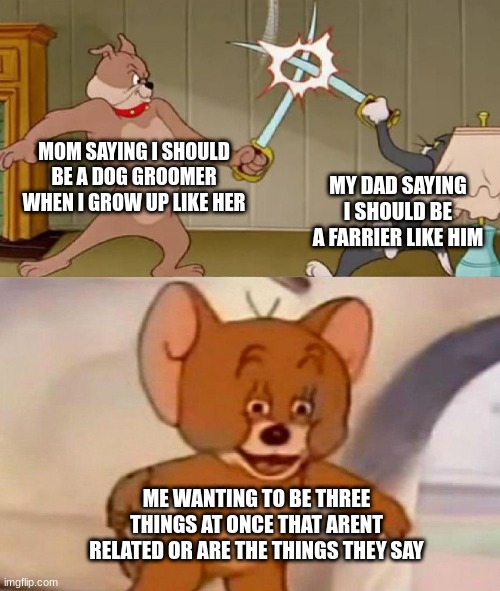 its true | MOM SAYING I SHOULD BE A DOG GROOMER WHEN I GROW UP LIKE HER; MY DAD SAYING I SHOULD BE A FARRIER LIKE HIM; ME WANTING TO BE THREE THINGS AT ONCE THAT ARENT RELATED OR ARE THE THINGS THEY SAY | image tagged in tom and jerry swordfight | made w/ Imgflip meme maker