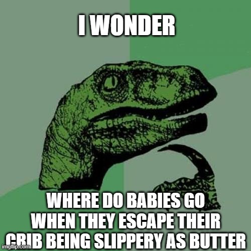 Philosoraptor | I WONDER; WHERE DO BABIES GO WHEN THEY ESCAPE THEIR CRIB BEING SLIPPERY AS BUTTER | image tagged in memes,philosoraptor | made w/ Imgflip meme maker