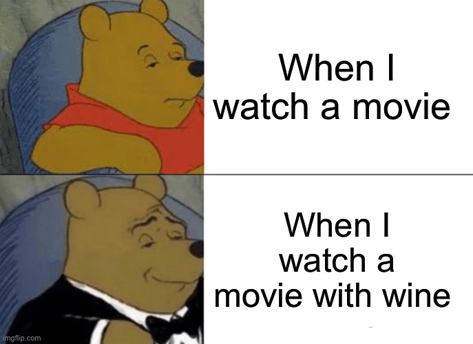 Tuxedo Winnie The Pooh Meme | When I watch a movie; When I watch a movie with wine | image tagged in memes,tuxedo winnie the pooh | made w/ Imgflip meme maker