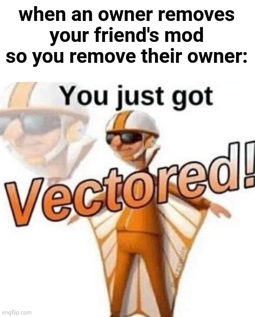 Lol | when an owner removes your friend's mod so you remove their owner: | image tagged in you just got vectored | made w/ Imgflip meme maker