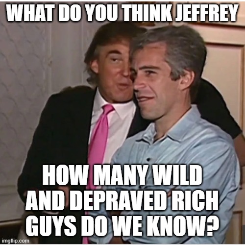 Trump Epstein | WHAT DO YOU THINK JEFFREY HOW MANY WILD AND DEPRAVED RICH GUYS DO WE KNOW? | image tagged in trump epstein | made w/ Imgflip meme maker