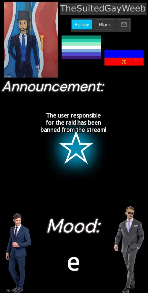 TheSuitedGayWeeb’s Announcement Temp | The user responsible for the raid has been banned from the stream! e | image tagged in thesuitedgayweeb s announcement temp | made w/ Imgflip meme maker