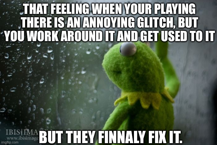 kermit window | THAT FEELING WHEN YOUR PLAYING THERE IS AN ANNOYING GLITCH, BUT YOU WORK AROUND IT AND GET USED TO IT; BUT THEY FINNALY FIX IT. | image tagged in kermit window | made w/ Imgflip meme maker