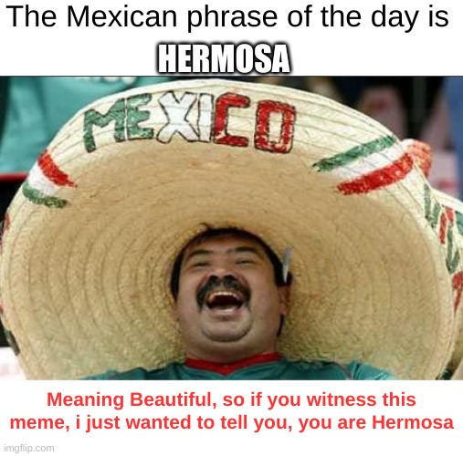 Mexican word |  The Mexican phrase of the day is; HERMOSA; Meaning Beautiful, so if you witness this meme, i just wanted to tell you, you are Hermosa | image tagged in mexican word of the day | made w/ Imgflip meme maker