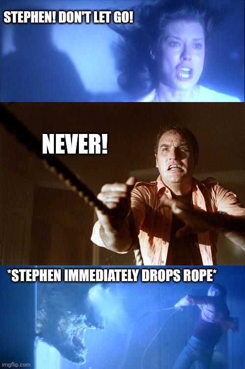 Poltergeist | STEPHEN! DON'T LET GO! NEVER! *STEPHEN IMMEDIATELY DROPS ROPE* | image tagged in meme | made w/ Imgflip meme maker