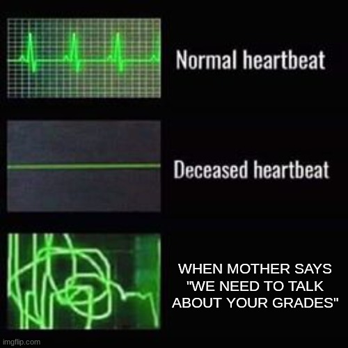 heartbeat rate | WHEN MOTHER SAYS "WE NEED TO TALK ABOUT YOUR GRADES" | image tagged in heartbeat rate | made w/ Imgflip meme maker