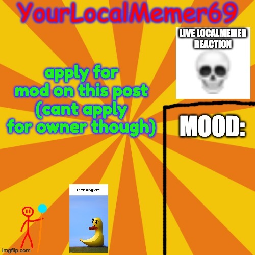 hehe time to get my notifications flooded once i wake up (this stream only has 5 follows as of writing lmao) | apply for mod on this post (cant apply for owner though) | image tagged in yourlocalmemer69 announcement template 1 0 | made w/ Imgflip meme maker