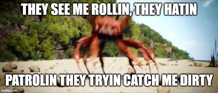 crab rave | THEY SEE ME ROLLIN, THEY HATIN PATROLIN THEY TRYIN CATCH ME DIRTY | image tagged in crab rave | made w/ Imgflip meme maker