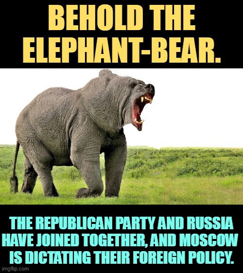 Russia threatens America's place in the world, and the GOP is helping them. | BEHOLD THE ELEPHANT-BEAR. THE REPUBLICAN PARTY AND RUSSIA
HAVE JOINED TOGETHER, AND MOSCOW 
IS DICTATING THEIR FOREIGN POLICY. | image tagged in elephant,bear,republican party,russia,threats,danger | made w/ Imgflip meme maker