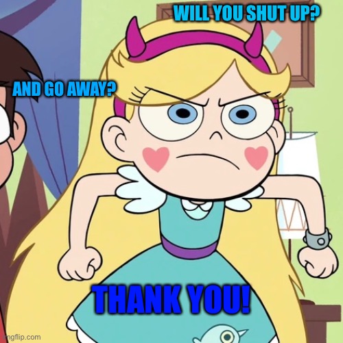 Will you shut up and go away? THANK YOU! | WILL YOU SHUT UP? AND GO AWAY? THANK YOU! | image tagged in svtfoe,star vs the forces of evil,will you shut up man,star butterfly,memes,funny | made w/ Imgflip meme maker