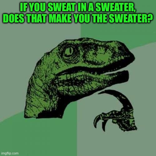 Philosoraptor Meme | IF YOU SWEAT IN A SWEATER, DOES THAT MAKE YOU THE SWEATER? | image tagged in memes,philosoraptor | made w/ Imgflip meme maker