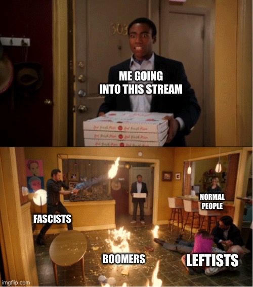 I’m really close to unfollowing this stream | ME GOING INTO THIS STREAM; NORMAL PEOPLE; FASCISTS; BOOMERS; LEFTISTS | image tagged in community fire pizza meme | made w/ Imgflip meme maker