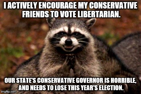 Evil Plotting Raccoon | I ACTIVELY ENCOURAGE MY CONSERVATIVE FRIENDS TO VOTE LIBERTARIAN. OUR STATE'S CONSERVATIVE GOVERNOR IS HORRIBLE, AND NEEDS TO LOSE THIS YEAR | image tagged in memes,evil plotting raccoon,AdviceAnimals | made w/ Imgflip meme maker