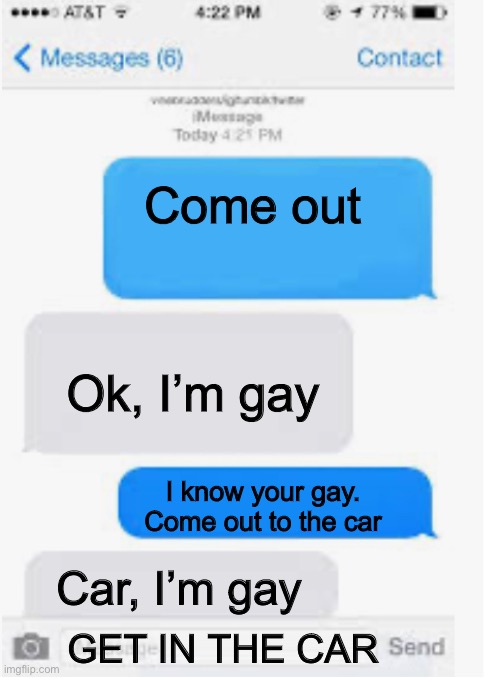 Come out to the car | Come out; Ok, I’m gay; I know your gay. Come out to the car; Car, I’m gay; GET IN THE CAR | image tagged in blank text conversation | made w/ Imgflip meme maker