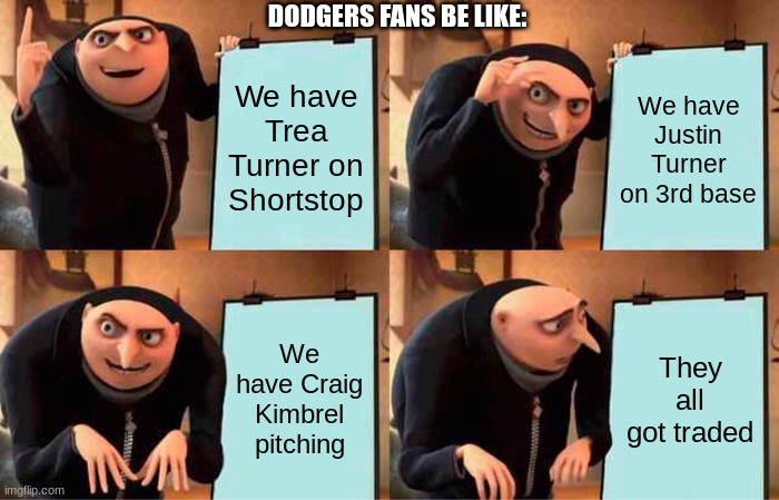 Gru's Plan Meme | DODGERS FANS BE LIKE:; We have Trea Turner on Shortstop; We have Justin Turner on 3rd base; We have Craig Kimbrel pitching; They all got traded | image tagged in memes,gru's plan | made w/ Imgflip meme maker