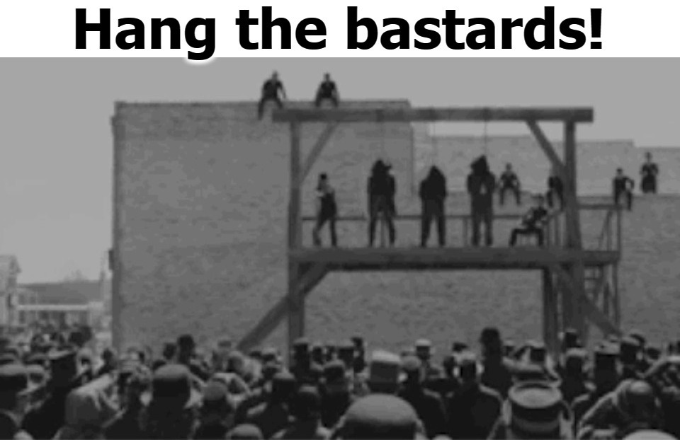 Hang the bastards! | image tagged in hanging out,hanging,hangout,bastards,gallows,tyrants | made w/ Imgflip meme maker