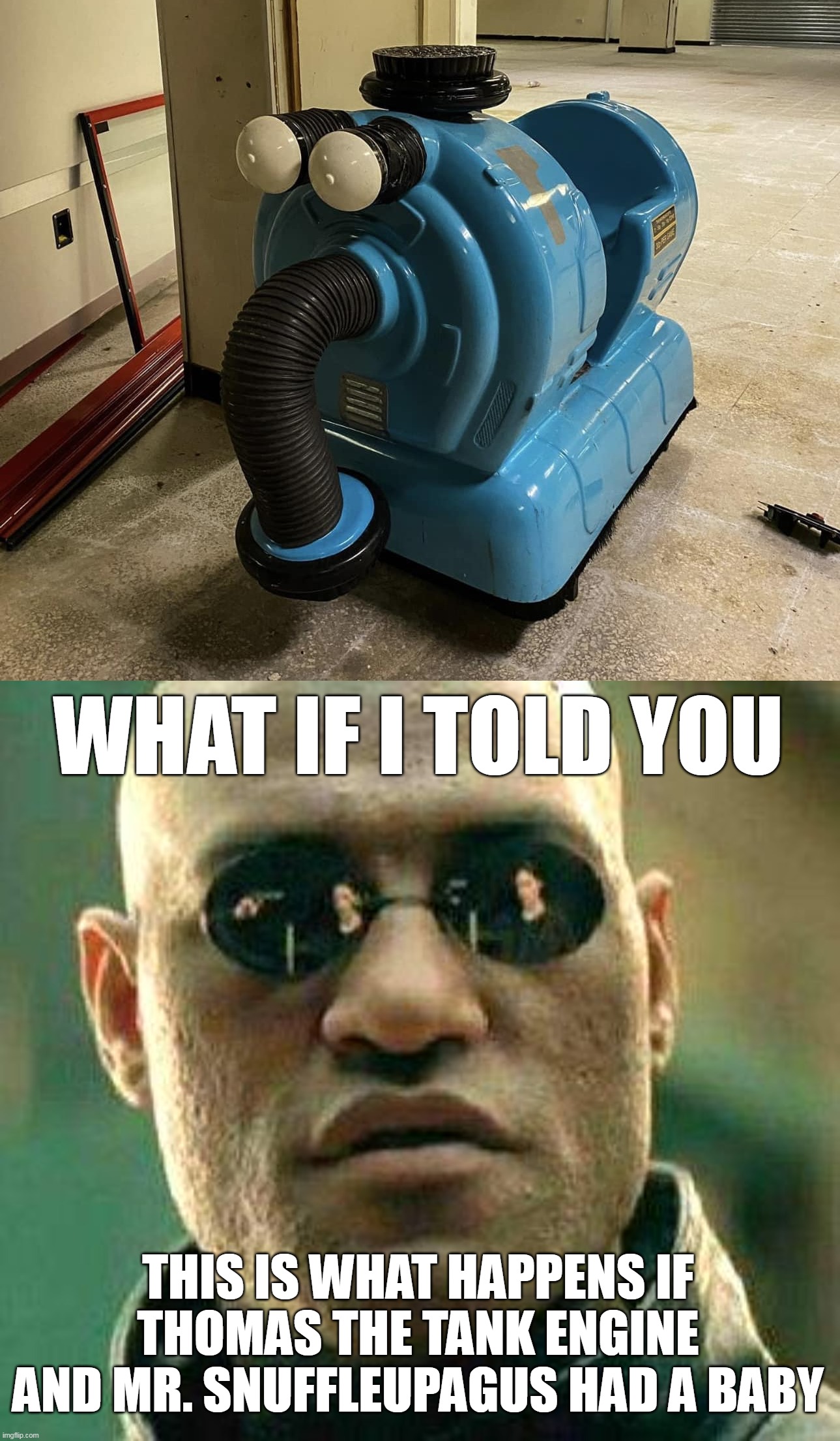 WHAT IF I TOLD YOU; THIS IS WHAT HAPPENS IF THOMAS THE TANK ENGINE AND MR. SNUFFLEUPAGUS HAD A BABY | image tagged in what if i told you,meme,memes,dank memes,funny | made w/ Imgflip meme maker