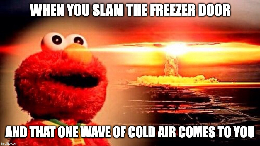 Relatable, or maybe just happens to me | WHEN YOU SLAM THE FREEZER DOOR; AND THAT ONE WAVE OF COLD AIR COMES TO YOU | image tagged in elmo nuclear explosion | made w/ Imgflip meme maker