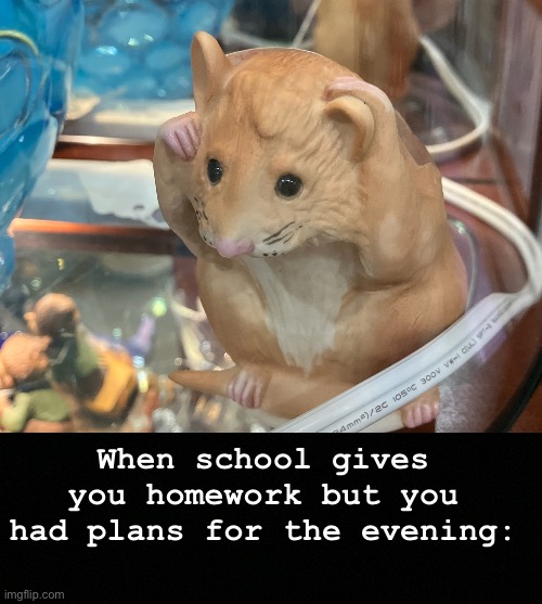 Truly painful | When school gives you homework but you had plans for the evening: | image tagged in migraine hamster | made w/ Imgflip meme maker