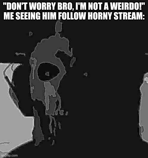 I'm bored af | "DON'T WORRY BRO, I'M NOT A WEIRDO!"
ME SEEING HIM FOLLOW HORNY STREAM: | image tagged in ghost stare uncanny | made w/ Imgflip meme maker